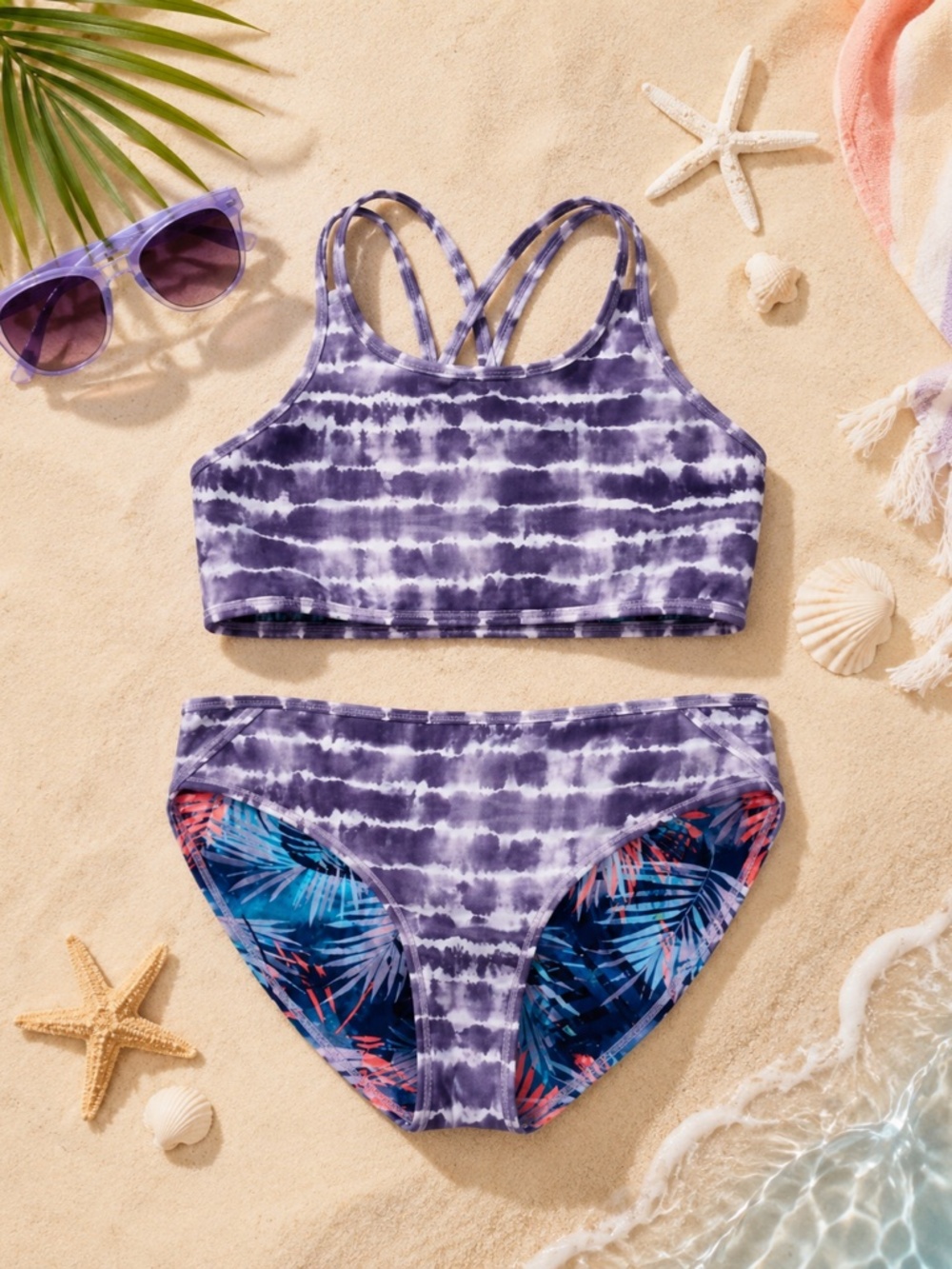 Athleta Girl Reversible Bikini Set Tropical Tie Dye Palm Print Girls M